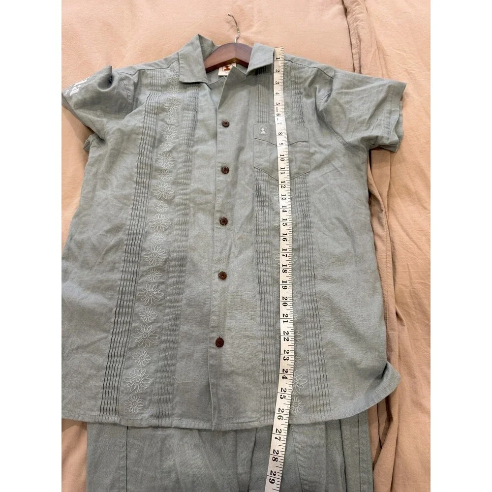 Dandy Del Mar Mens XS Green Brisa Cuban Short Sleeve + Pants Linen Embroidered - Picture 11 of 16